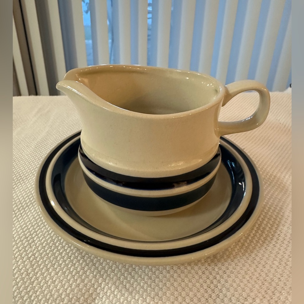 VTG ESTATE Creamer Blue Ceramic Gravy Boat with Saucer